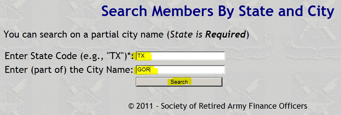 Example of State/City Member Search Entry screen